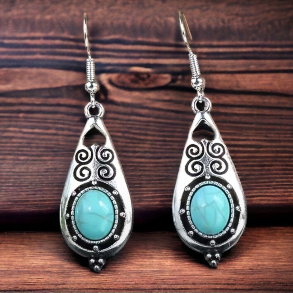Boho Western Dangle Drop Earrings Native American Turquoise Vintage Silver Style